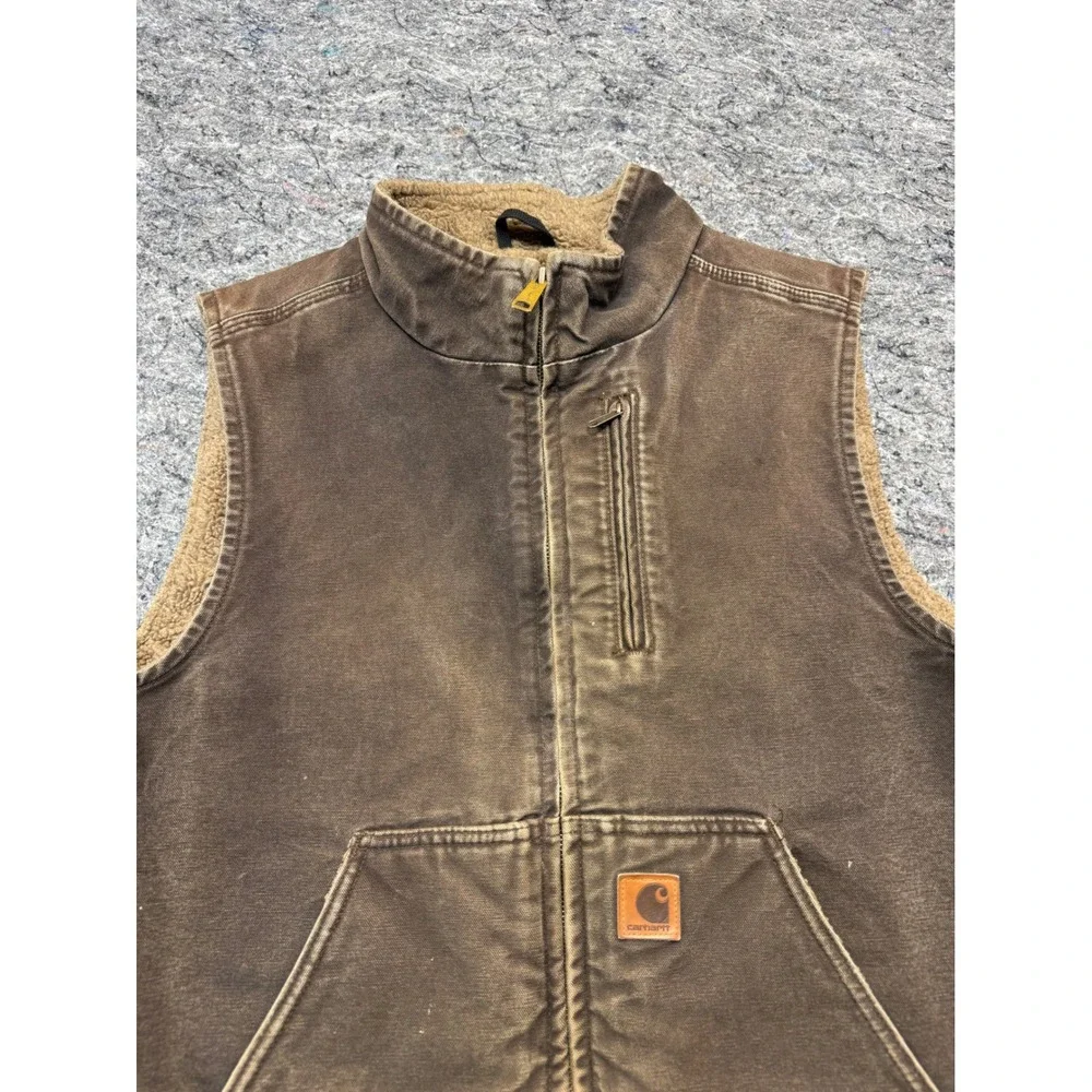 Carhartt V33 DKB Mock Neck Sherpa Lined Sandstone Duck Vest Mens Large Brown